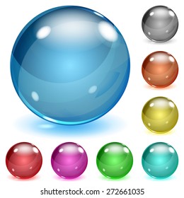 Set of multicolored opaque glass spheres with glares and shadows