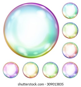 Set of multicolored opaque soap bubbles with glares