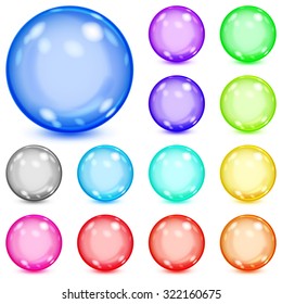 Set of multicolored opaque spheres with glares and shadows