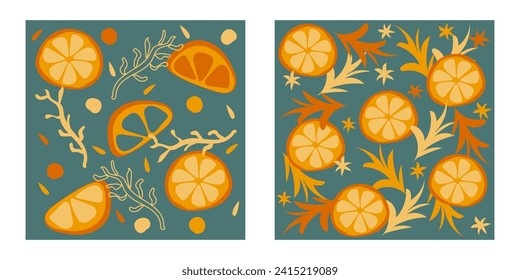 Set of Multicolored orange slices designs patterns with colorful branches on green background. Delicious citrus. Bright Vector illustration for cards, business, banners, textile, wallpaper, wrapping