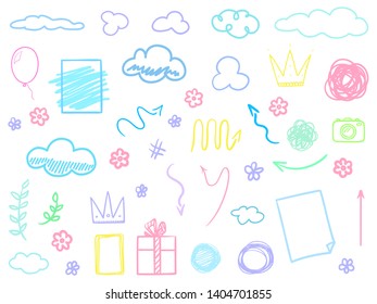 Set of multicolored outline elements isolated on white. Abstract different things. Simple signs. Sketchy symbols for work