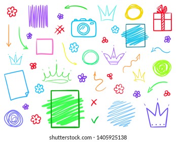 Set of multicolored outline elements isolated on white. Abstract different things. Simple signs. Sketchy symbols for work