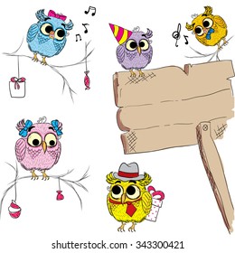 Set of multicolored owl . Bird and tablet . The company at a party .
