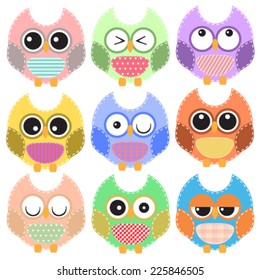 Set of multicolored owls 