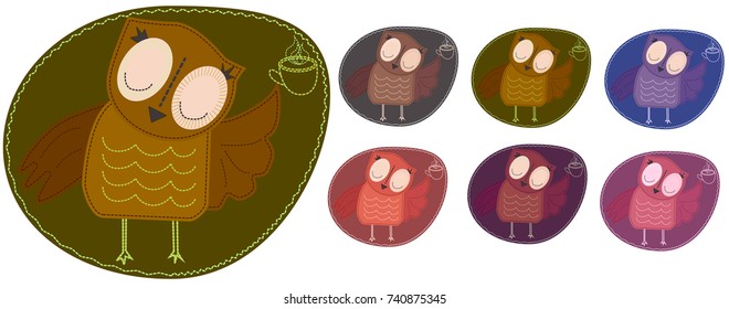 A set of multi-colored owls that hold a cup of hot coffee. Imitation of stripe, fabric and stitching, seam