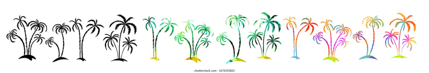 Set Multi-colored palm trees. Hello summer. mixed media. Vector illustration