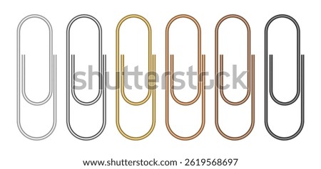 Set of multicolored paper clips. White, silver, gold, bronze, brown and black colors
