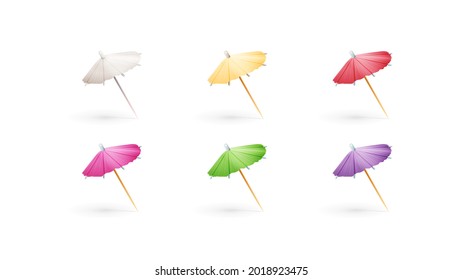 Set of multicolored paper cocktail umbrellas isolated on white background