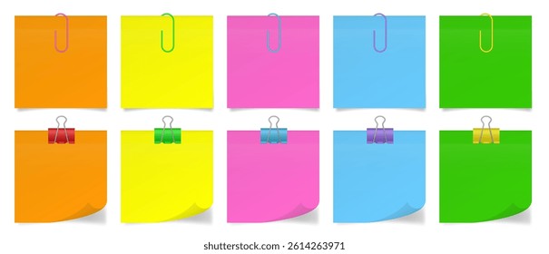 Set of multicolored paper notes with paper clips and binder clips. Orange, yellow, pink, blue and green sheets of paper. Red, green, blue, purple and yellow clips