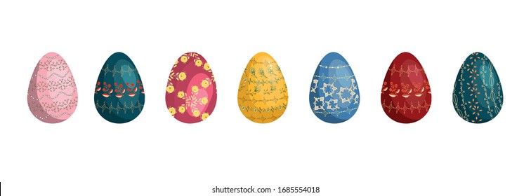 Set of multi-colored, patterned Easter eggs. Vector graphics. Cartoon illustration. Elements for design of a traditional holiday of the Resurrection of Christ. Isolated image on a white background.