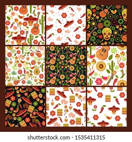 Set of multi-colored patterns with traditional elements of Mexican culture. Sombrero, maracas, guitar, red pepper, skull, cacti and flowers, Mexican ornament. Design for textile, wallpaper, vector