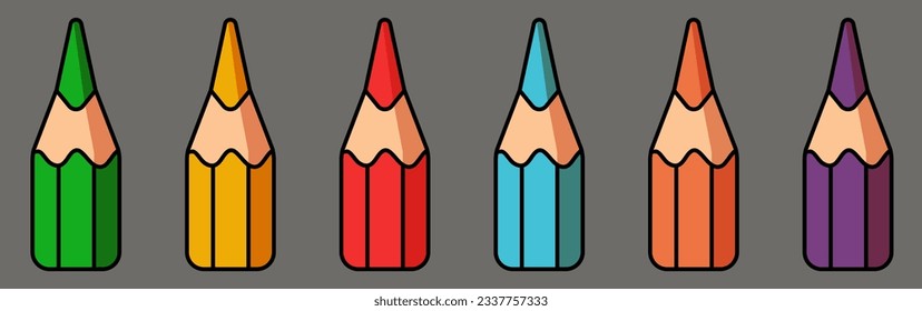 A set of multicolored pencils. Cartoon pencil. Vector clipart isolated on black background.