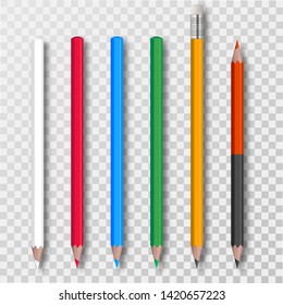 Set of multi-colored pencils. Office tools. Realistic objects with a shadow on the isolated transparent background.3D. Elements for design. Vector illustration.