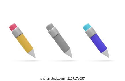 A set of multicolored pencils. Pencil with Rubber eraser, isolated on White background. Pencil with rubber eraser in modern simple flat design.  Vector illustration