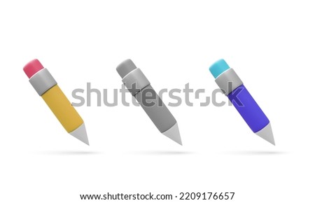 A set of multicolored pencils. Pencil with Rubber eraser, isolated on White background. Pencil with rubber eraser in modern simple flat design.  Vector illustration