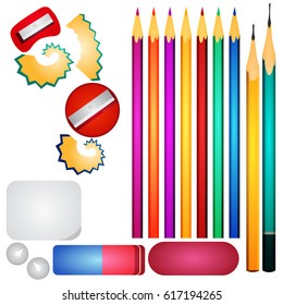A set of multi-colored pencils, several erasers and a pencil sharpener. Stationery.