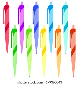 Set of multi-colored pens on a white background. Vector illustration.
