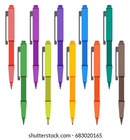 Set of multi-colored pens on a white background. Vector illustration.