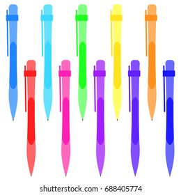 Set of multi-colored pens on a white background. Vector illustration.