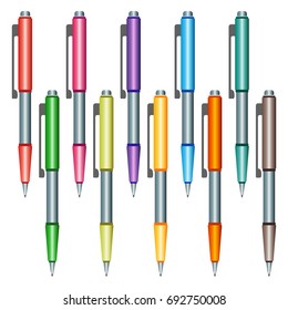Set of multi-colored pens on a white background. Vector illustration.