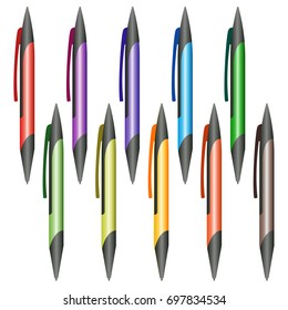 Set of multi-colored pens on a white background. Vector illustration.
