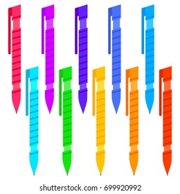 Set of multi-colored pens on a white background. Vector illustration.