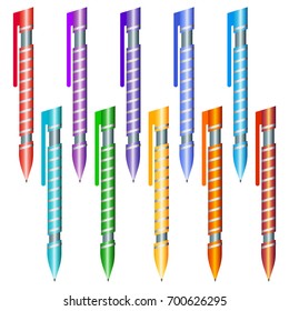 Set of multi-colored pens on a white background. Vector illustration.