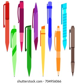 Set of multi-colored pens on a white background. Vector illustration.
