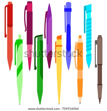 Set of multi-colored pens on a white background. Vector illustration.