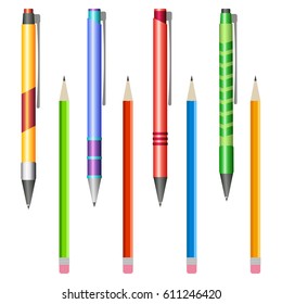 Set of multi-colored pens and pencils on a white background
