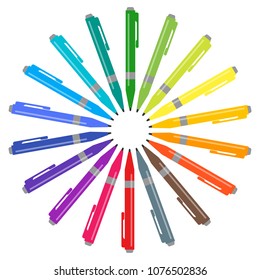 Set of multicolored pens placed in a circle. Vector illustration.
