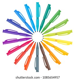 Set of multicolored pens placed in a circle. Vector illustration.
