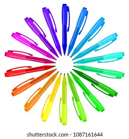 Set of multicolored pens placed in a circle. Vector illustration.
