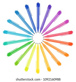 Set of multicolored pens placed in a circle. Vector illustration.

