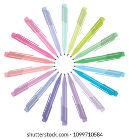 Set of multicolored pens placed in a circle. Vector illustration.
