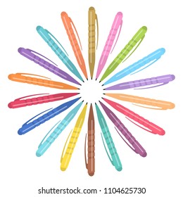 Set of multicolored pens placed in a circle. Vector illustration.

