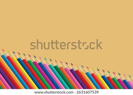 Set of multicolored pensils isolated on yellow background In diagonal row Copy space for text Vector illustrasion Back to school elements Tools for learning child development Education, school concept