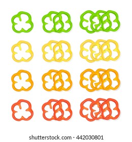 Set of multicolored peppers, slices of bell peppers, colorful paprika, isolated on white background, illustration.