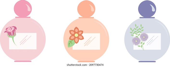 Set of multi-colored perfume bottles with flowers on the label
