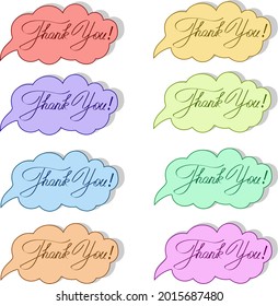 A set of multi-colored phrases of gratitude.Vector set of multicolored icons with the word thank you on a white background.