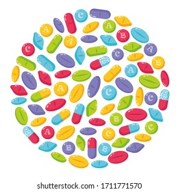 Conjunto de pastillas multicolores en forma de círculo. Medicina y medicamentos. Ilustración vectorial en un estilo plano.