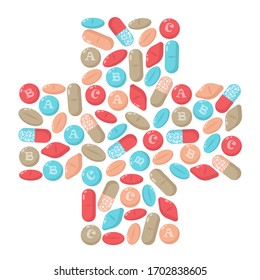 Conjunto de pastillas multicolores. Ilustración vectorial en estilo plano.
