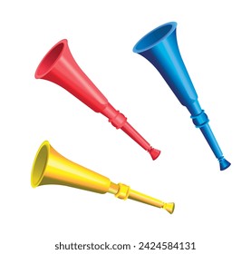 Set of multi-colored pipes on white background. Football fan equipment. Vector 3d illustration