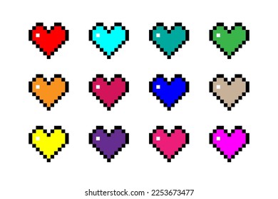 Set of multicolored pixel heart icons. Color silhouette. Front view. Editable pixels. Vector simple flat graphic illustration. Isolated object on a white background. Isolate.