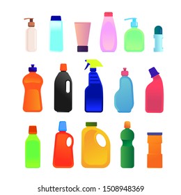 Set Of Multicolored Plastic Bottles From Household Chemicals, Detergents, Home Cleaning, Laundry, Washing, As Well As Personal Care Products, Cream, Liquid Soap, Deodorant, Lotion.Vector Flat Template