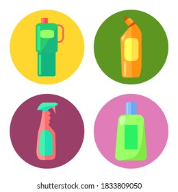 Set of multi-colored plastic containers for cleaning house. Plastic bottles and containers in circles. Logo, infographic for the site. Get rid of house germs, wet cleaning. Flat vector image on white