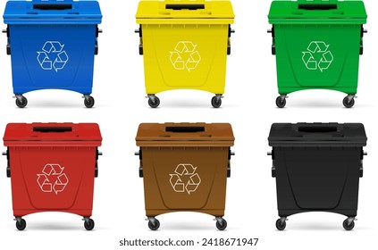 Set of multicolored plastic containers on wheels. Recycling containers for different types of waste with the recycling symbol. Vector illustration.