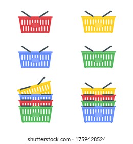 Set of multicolored plastic supermarket baskets isolated on a white background. Items for shopping. Flat vector.