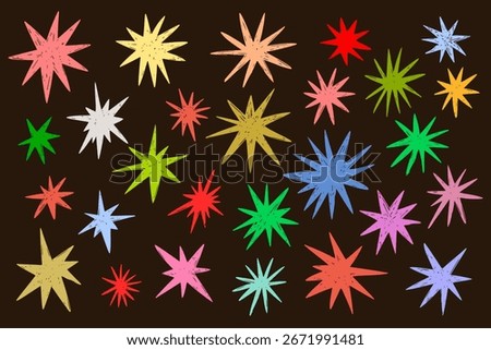 Set of multicolored pointed stars, flashes, fireworks, explosion effect of different shapes and sizes, hand drawn with marker textured coloring. Vector illustration of festive background.
