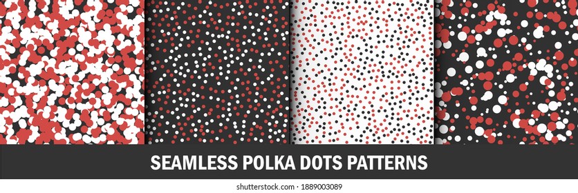 Set of multicolored polka dots patterns. Graphic stylish seamless vector backgrounds. Collection of classic red and black colored patterns for fabric, textile, wrapping etc.